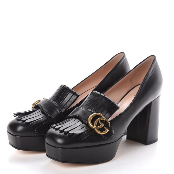 NWOB Gucci Malaga Kid GG Marmont Fringe Platform Loafer Pumps Platino Fringe - Picture 1 of 15